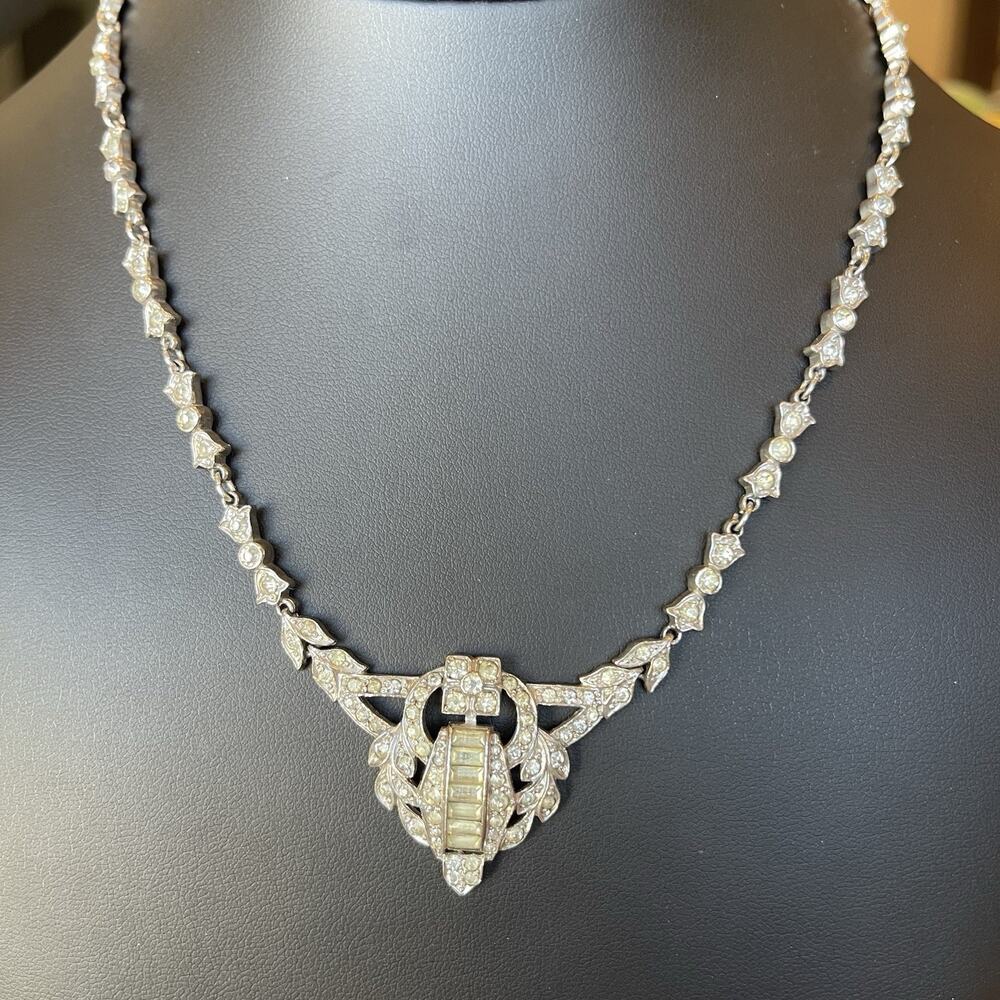 Rare 1930s Signed KTF Trifari ART DECO Rhinestone Necklace 17” Rhodium Plated